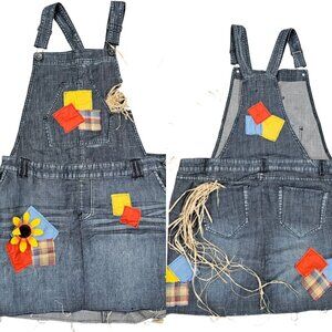 Womens Juniors XL Sexy‎ Scarecrow Denim Dress Overalls Jumper Bibs Patches